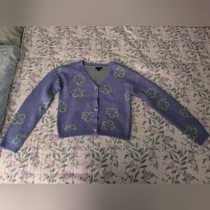 Art Class Juniors XL Purple Knit Cardigan With Green Flowers